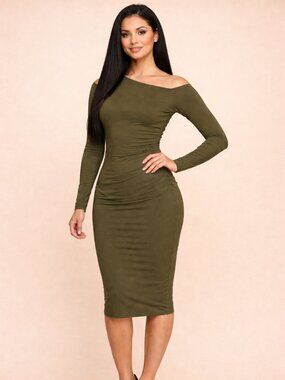 Women's Asymmetry Off Shoulder Side Ruched Midi Dress - Green
